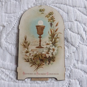 Antiquité Sainte carte de prière, première carte souvenir de la Sainte communion, canivet, carte religieuse française des années 1900 avec calice et fleurs de lys, avec chevalet