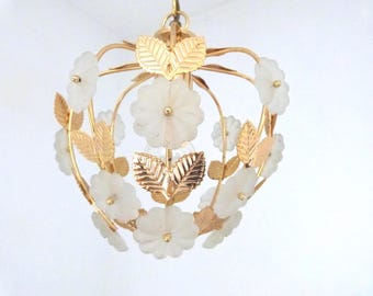 Vintage 1970s French brass w clear glass flowers brass leaves, romantic ceiling light pendant lighting chandelier fixture lamp boudoir decor
