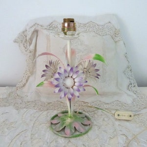 Vintage French floral tole bedside table or desk lamp w pastel flowers toleware lighting fixture French home decor light country cottage