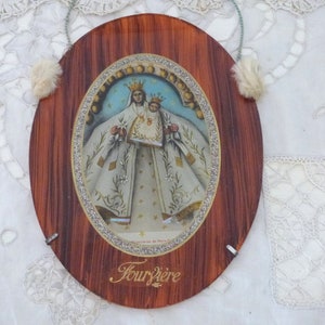 Antique French religious 1900s frame w our lady Fourviere madonna and child jesus Christ relic reliquary exvoto frame w mother of pearl