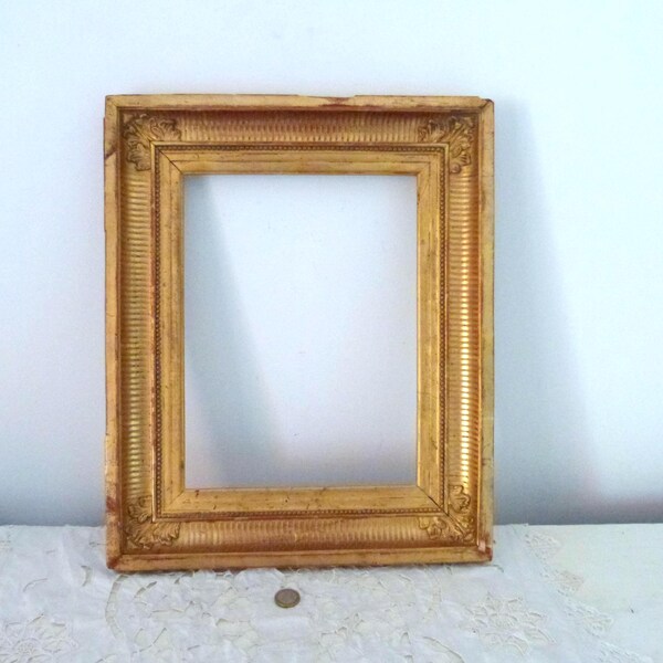 Big 1800s Antique French gilded wooden frame w gesso raised design, gold 1800s empty frame for mirror picture or painting, home decor gift