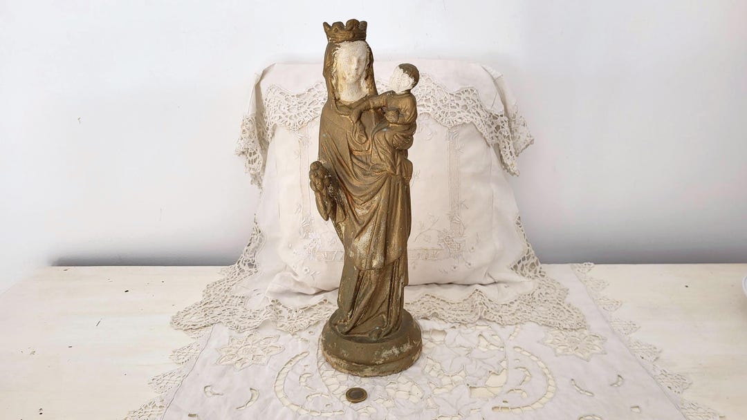 BIG Holy Virgin Mary Statue Madonna With Child Jesus Antique French ...