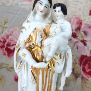 Antique French Holy Virgin Mary statue sculpture in gilded porcelain Madonna and child Jesus religious statue Our Lady statue sculpture gift