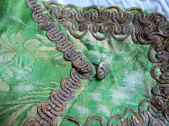 Antique French hand made green silk satin brocade… - image 9