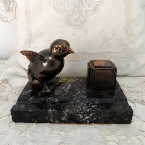 Antique French artdeco inkwell with bird sculpture design and glass pot, desk writer gift from France, artdeco home decor from orfevre shop