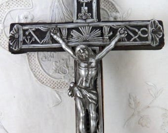 RARE Antique French 1800s silver on wood crucifix cross corpus christi RARE religious art Jesus Christ INRI w skull devotional catholic art