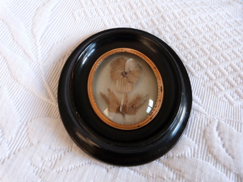 Mourning hair art frame Victorian hair memento mori Antique French handmade relic wooden frame blown glass, flower w human hair art 1800s image 2