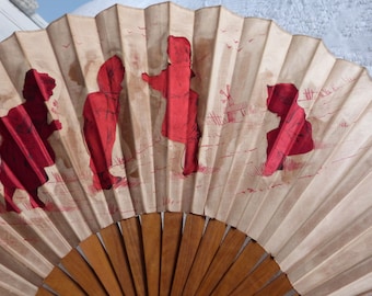 Antique hand fan 1900s folding fan w red silk silhouettes of children w windmill LARGE handfan w wooden handle, boudoir ladies accessories