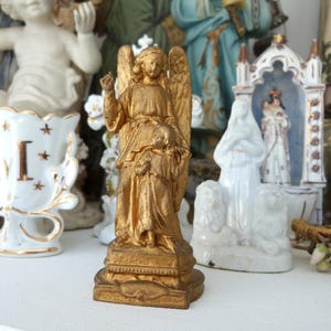 Antique French spelter Holy guardian angel w child sculpture figurine statue, religious home decor, devotional communion gift