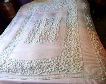 Beautiful Vintage French Reworked Filet Lace Bedcover/curtain