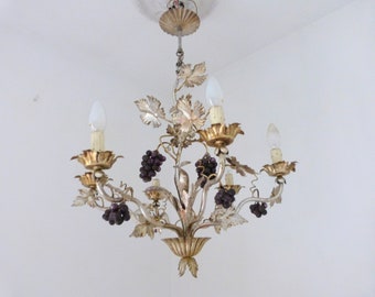 Antique Italian toleware chandelier lamp w grapes, gilded tole lighting ceiling light fixture, romantic cottage chic vintage decor light