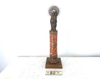 Tall XL antique religious our lady of the Pillar marble statue sculpture Mother w infant child Jesus Christ w halo crown 1800s church decor