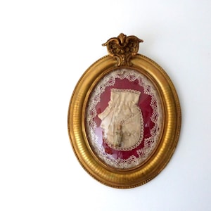 Antique French Victorian diorama frame w bisque First Holy communion statue, lace w silk purse in gilded wooden frame w dome blown glass