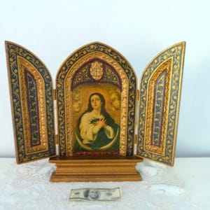 XL Vintage Florentine Italian triptych madonna w cherub angels LARGE travel icon gilded wooden devotional religious triptych devotional gift