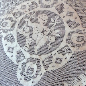 Antique French Art Deco white lace tablecloth or bedspread w cherubs putti fruit baskets floral lace vintage French table or bed linens