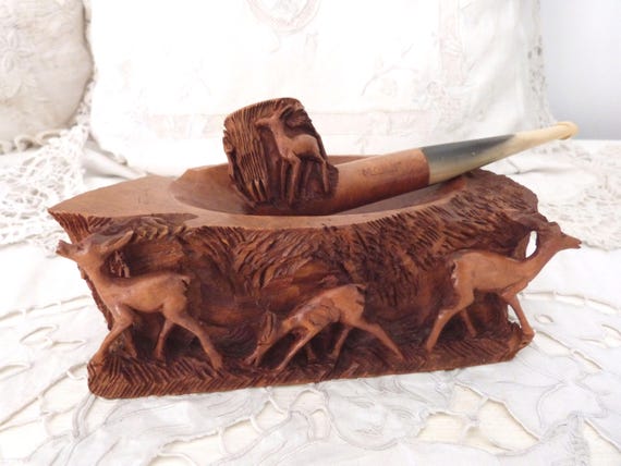 Cendrier Vintage En Forme De Pipe En Bois De Noyer - Avec Heurtoir En Liège, Pour Intérieur/Extérieur - Idée Cadeau Homme