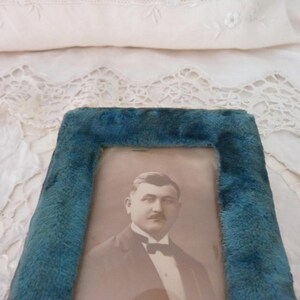 Antique French blue silk velvet picture frames w sepia picture of man, blown glass cover, 1900s Victorian picture frame, home decor gift image 7