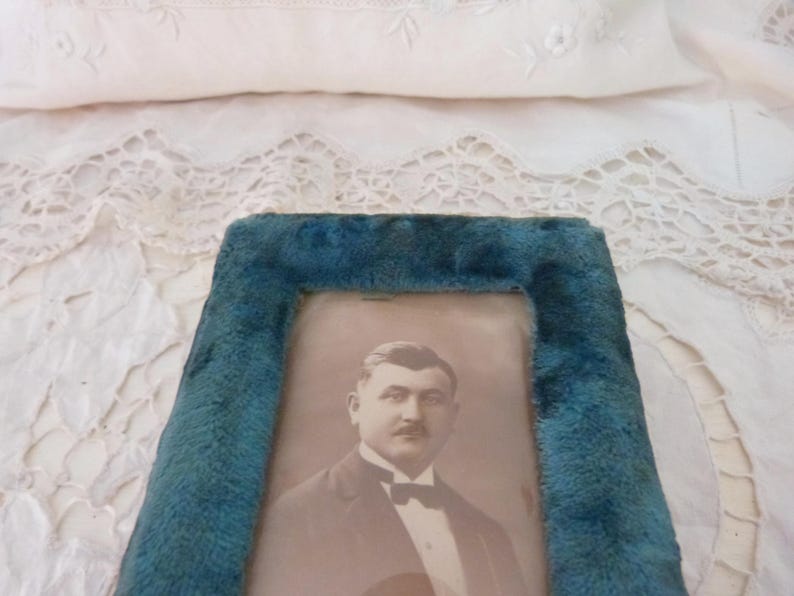 Antique French blue silk velvet picture frames w sepia picture of man, blown glass cover, 1900s Victorian picture frame, home decor gift image 7