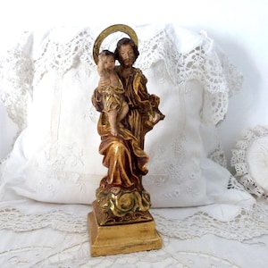 Antiek Frans religieus standbeeld van Sint-Jozef met heilig kind Jezus Christus verguld standbeeld sculptuur kindje Jezus met aureool, devotionele kunst