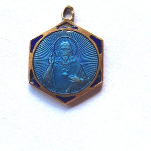 Antique French religious miraculous blue enameled medal necklace pendant w Sacred Heart of Jesus, religious devotional jewelry gift