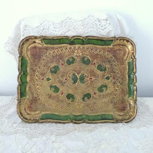 Vintage Florentine Italian carved handpainted tray plate w gilded floral decor, Large decorative retro tray platter in gold w green deco