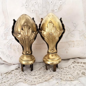 Pair ormolu Antique French curtain rod rail pole or staircase bed post finials ends, RARE 1900s window drapery panels projects home decor