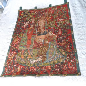 Vintage French hand woven wall hanging tapestry, Big signed AKNIN tapestry w medieval people, dog, birds, floral details, home wall decor