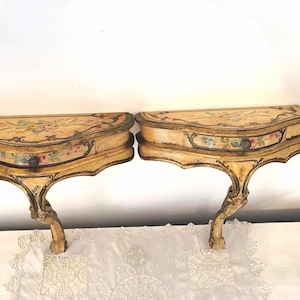 Pair BIG Antique Florentine hand painted gilded wooden wall consoles bedside shelves w roses, drawer, 1900s Italian home wall hanging deco