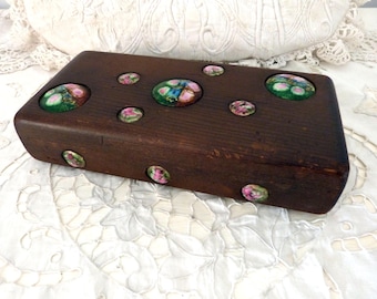 Vintage French wooden box w enameled cabuchon bead decor, rare keepsake letter money jewelry or trinket box, vintage home decor