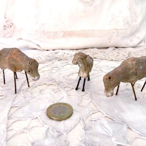 3x 1800s Putz stick leg sheep Christmas nativity creche ornaments antique French hand made clay figurines Christmas holiday home decor