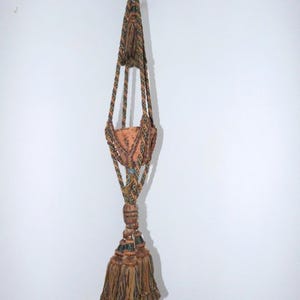 Antique French woven plant pot holder made w curtain tie back 1800s tassel holdback w ropecord, macramé, wooden interior, decorative tassels