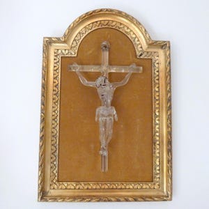 Antique religious frame w Murano glass jesus Christ corpus christi on cross crucifix, wood w velvet frame 1900s devotional christian decor image 1