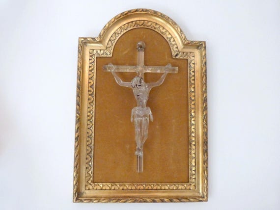 Antique religious frame w Murano glass jesus Christ corpus christi on cross crucifix, wood w velvet frame 1900s devotional christian decor