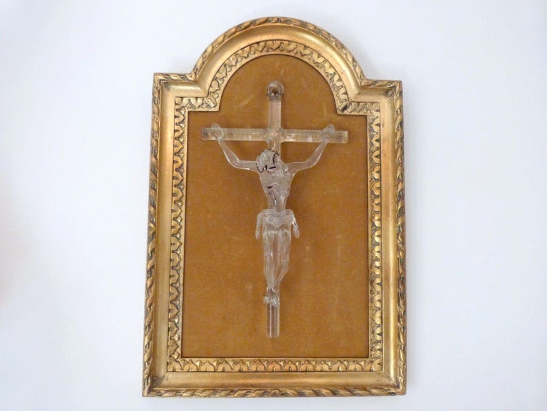 Antique religious frame w Murano glass jesus Christ corpus christi on cross crucifix, wood w velvet frame 1900s devotional christian decor image 1
