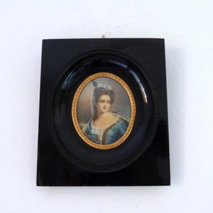 Antique French signed miniature portrait painting Anne Louise de Bourbon Victorian painting w laquered wooden frame, 1900s boudoir decor