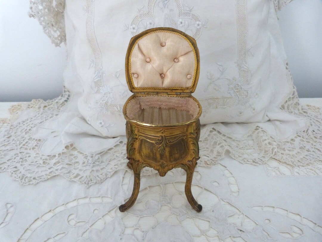 Antique French Box Floral Spelter Antique Jewelry Trinket Box, W Silk