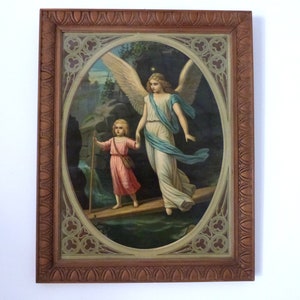 Large Antique French framed print of Holy guardian angel with child in wooden wall frame, devotional religious gift, vintage wall decor icon