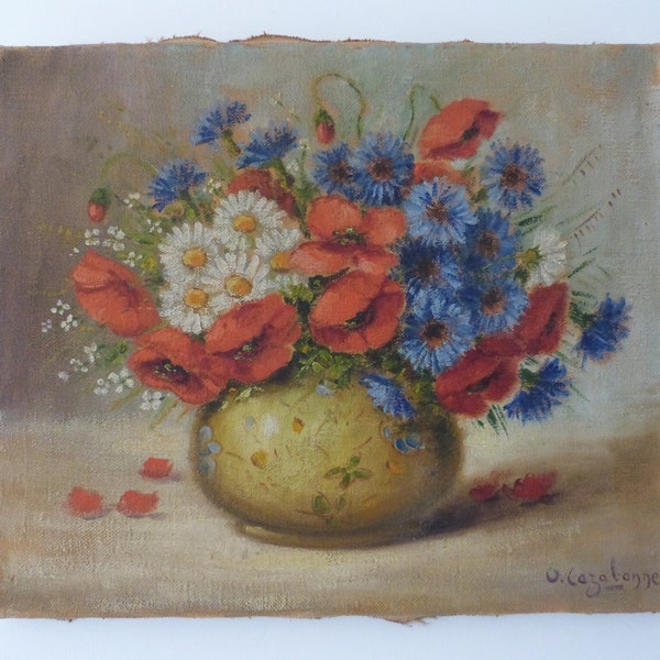 Antique French signed floral oil poppy painting w poppies flower painting 1900s linen European still life floral art painting w poppy decor