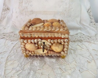 Vintage French seashell art jewelry keepsake box sailor valentine shell art jewelry trinket box w mother of pearl shell, w inner mirror
