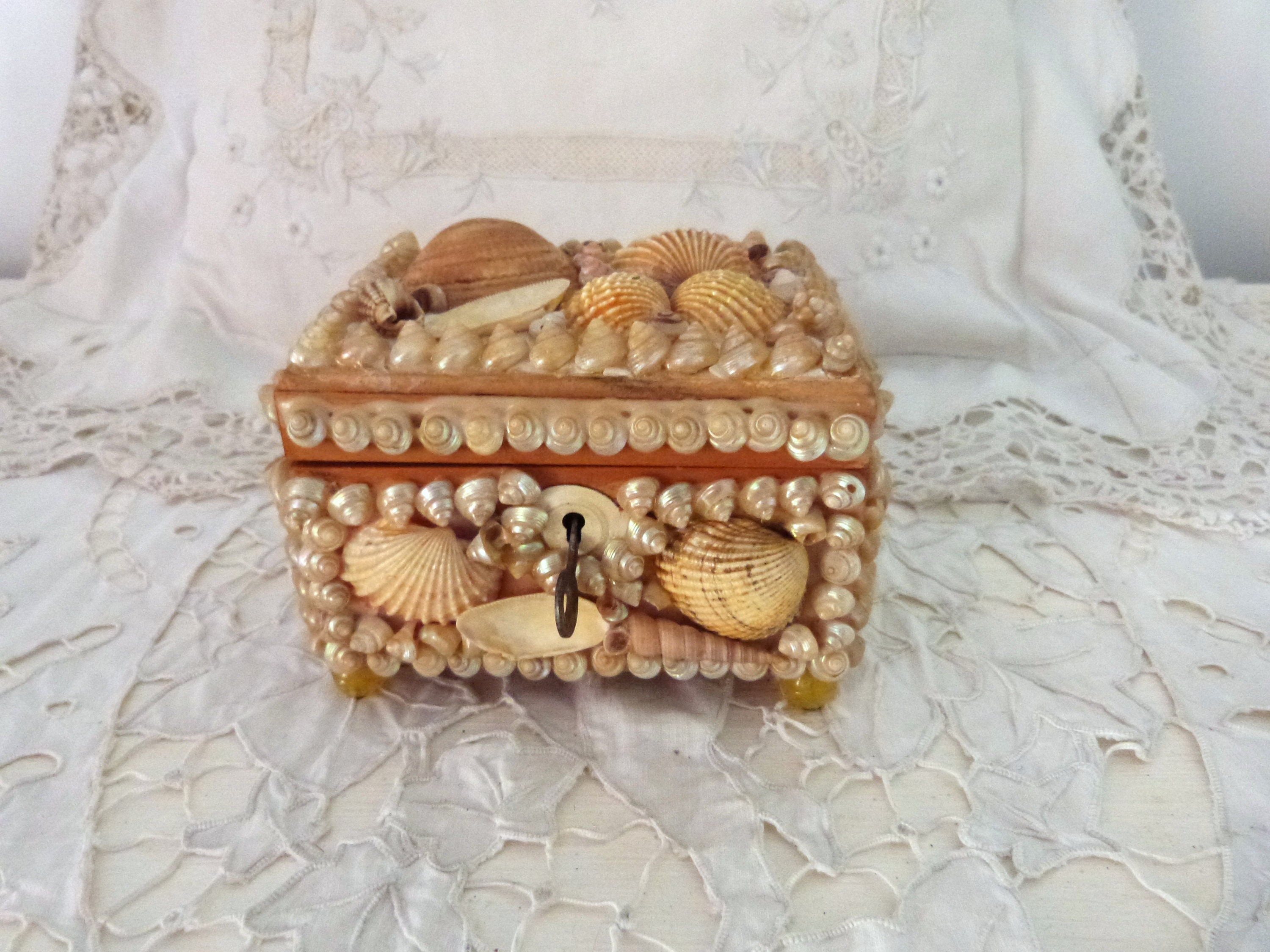 Vintage French seashell art jewelry keepsake box sailor valentine shell art jewelry trinket box w mother of pearl shell, w inner mirror