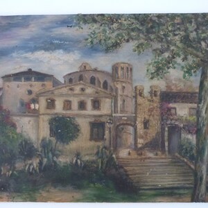 LARGE Antique Spanish signed knife oil painting w village landscape, shabby timeworn 1800s linen European impressionist art painting w stamp