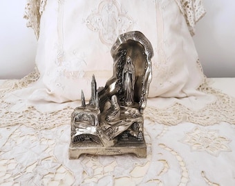 Antique French souvenir of Lourdes desk music box w the appearance our lady of Lourdes holy virgin Mary statue, saint Bernadette in grotto