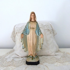 Antique French religious Madonna statue w snake, our Holy virgin Mary our lady statue sculpture, 1900s religious art devotional decor gift