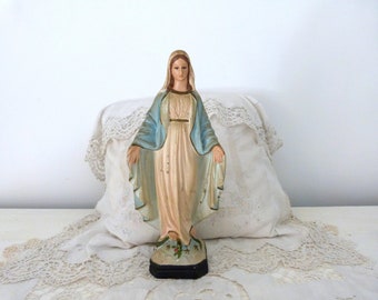 Antique French religious Madonna statue w snake, our Holy virgin Mary our lady statue sculpture, 1900s religious art devotional decor gift