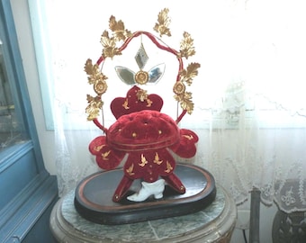 1800s antique French wedding bridal stand wedding cushion display wedding globe w ormolu flower, mirrors, red velvet cushion, porcelain shoe