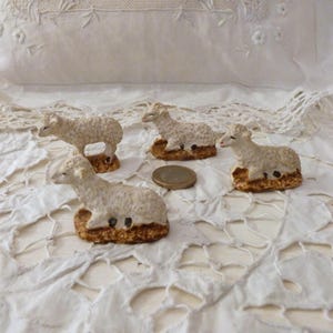 4x 1900s handpainted sheep agnus dei nativity creche antique French easter lamb figurines Christmas tree stocking holiday home decor gifts