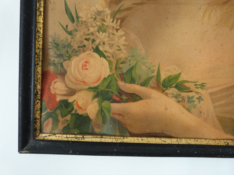 French home wall decor chromo lithographic art Antique French chromo frame 1800s chromolithography w young lady w roses