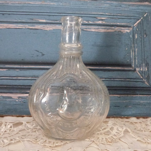 Antique French glass bottle, religious holy water bottle for lace makers w our lady of la Salette and children w text, rare devotional gift