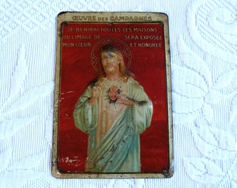 Antique Français Ex voto sacré cœur sacré de Jésus-Christ exvoto relique religieuse icône cadre protection de la maison tole 1900s art de dévotion religieuse