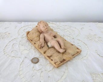 Antique French religious sculpture statue w infant child baby Jesus Christ in crib, rare nativity decoration devotional gift for christmas